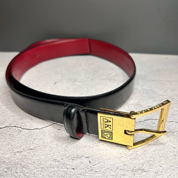 Anne Klein Genuine Leather Black and Red Belt with Gold Buckle